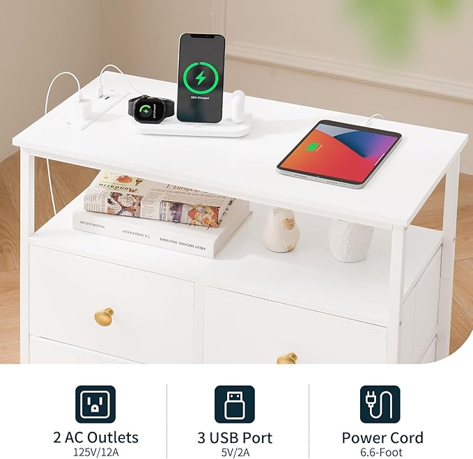 Yoobure Night Stand with Charge Station, Nightstand with 4 Drawers Bedside Table, LED Dresser with Storage Shelf, Night Stands for Bedroom, Side Table 3-Tier Wood End Table for Home, Office White