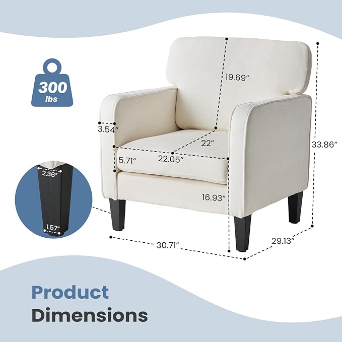 DUMOS Modern Accent Chairs for Living Room, Corner Chairs for Adults, Reading Chair with Armrest and Backrest, Comfy Lounge Chairs for Bedroom Reception Waiting Room, White