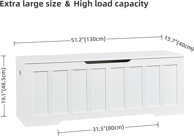 VANKILEY 51.2" Storage Chest Extra Large,Storage Bench with 2 Safety Hinges,Shoe Bench,51.2 * 15.7 * 19.1 inches,Wooden Trunk for Bedroom,livingroom,entryway,Supports 220 lb,Easy Assembly(White).