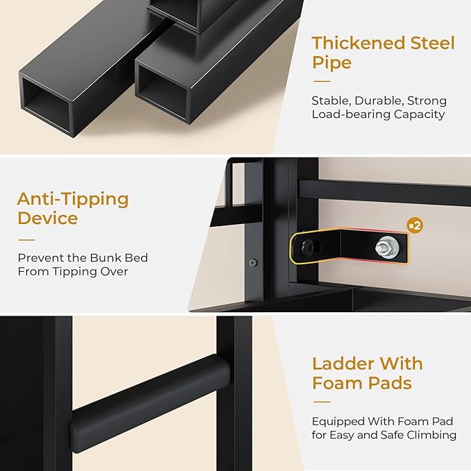 ADORNEVE Bunk Bed Twin Over Twin Size with 8 Storage Drawers, Twin Bunk Beds with Led Lights & Storage Shelves, Metal Loft Bed with 13.4" H Safety Guardrail & Ladder, for Kids & Teens, Black