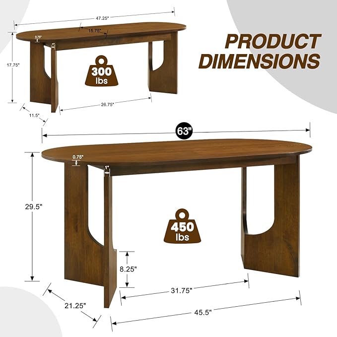 VESCASA 63" L Oval Dining Table with 47.25" L Benches Set, Walnut Wood Kitchen Table with Wooden Legs Bench, Kitchen Set for Dining Room, Restaurant, 1 Table with 2 Benches