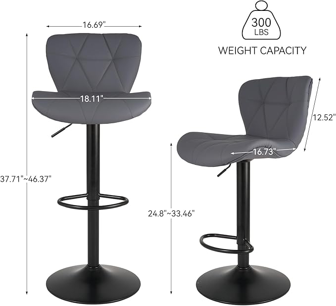 Nalupatio Modern Bar Stools Set of 3, Adjustable Faux Leather Upholstered Swivel Bar Stools, Counter Height Bar Chairs with Back for Kitchen Island, Dark Grey
