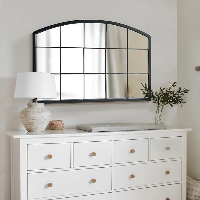WAMIRRO Wide Window Pane Black Mirror,Farmhouse Arched Wall Mirror,Mantel Mirror for Fireplace/Entryway/Hallway/Living Room,33“X24”