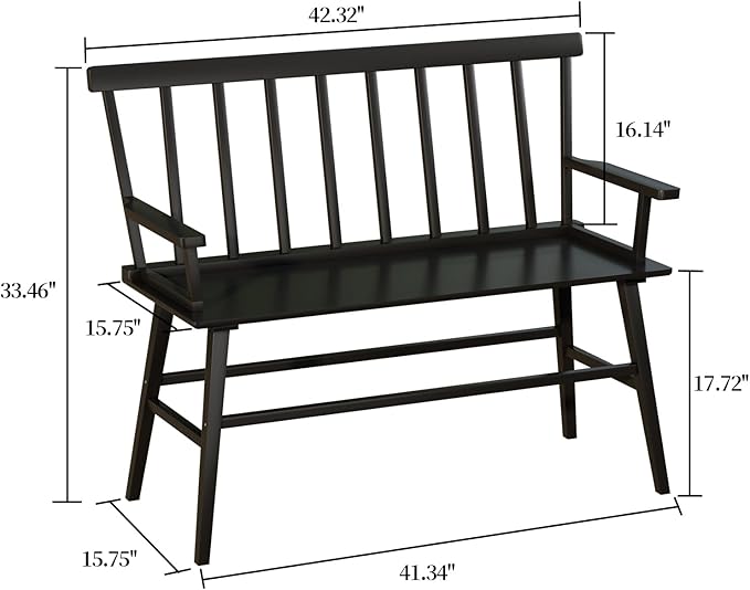 Dining Bench for Kitchen & Dining Room – Bamboo Wood Bench with Spindle Back & Armrests, Farmhouse Entryway Bench, Indoor Bedroom Bench, Versatile Entry Bench & Outdoor Bench Seating（Black with Arm）