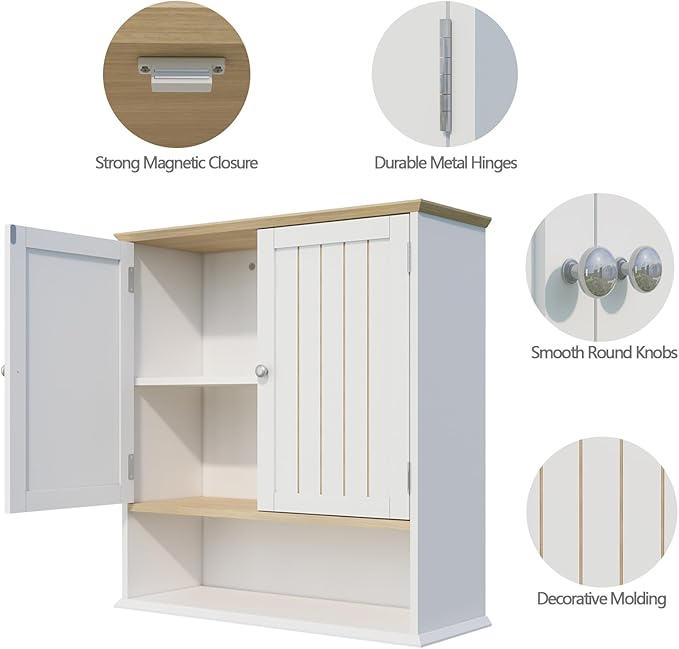 Viaozutis Over The Toilet Bathroom Wall Cabinet with 2 Doors and Open Shelf, Wooden Space Saving Storage Cabinet, Medicine Cabinet for Bathroom Organization, White