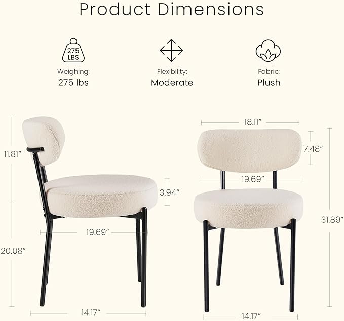 DUMOS Dining Chairs Set of 4, Mid Century Modern Chair Round Upholstered Curved Backrest, Kitchen Vanity Living Room Chairs with Black Metal Legs，Light Beige