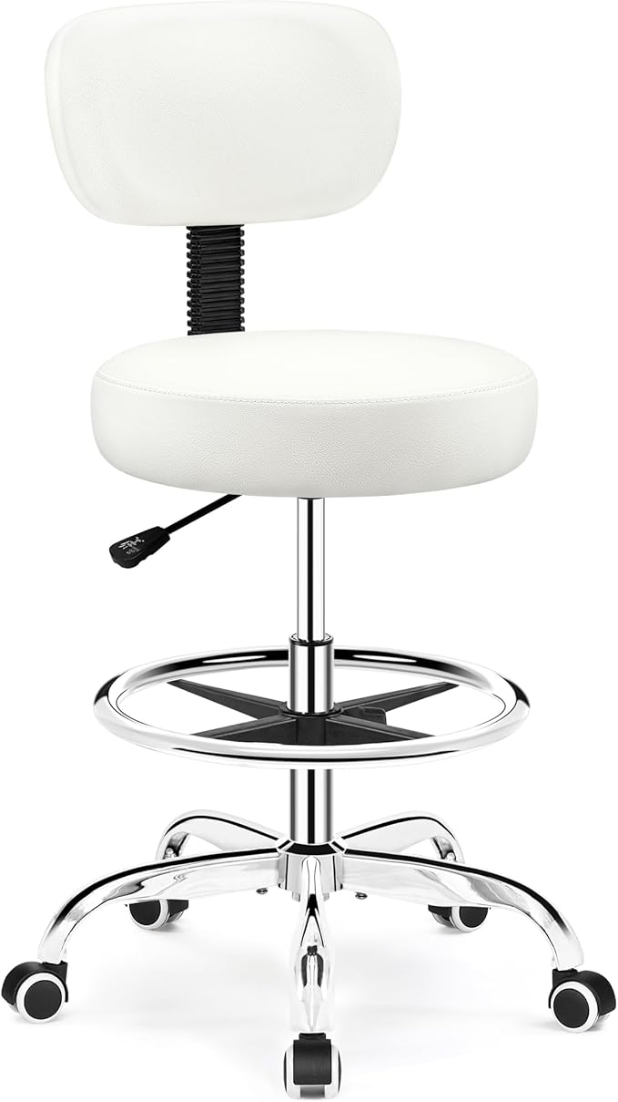 Brick Attic Drafting Chair with Backrest – Adjustable Foot Rest Rolling Stool with Wheels, PU Leather Swivel Stool for Office Spa Studio Lab Counter Salon Home Work Bar Kitchen Shop(White)