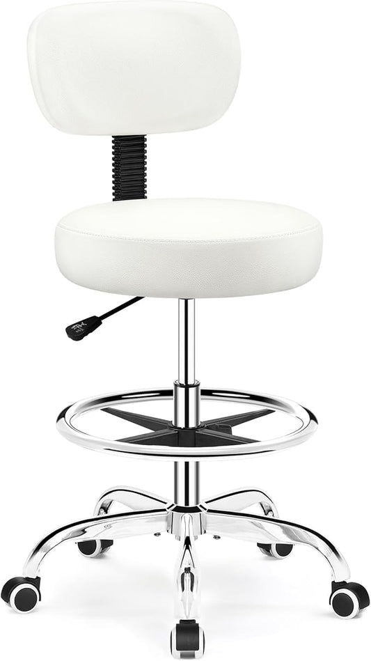 Brick Attic Drafting Chair with Backrest – Adjustable Foot Rest Rolling Stool with Wheels, PU Leather Swivel Stool for Office Spa Studio Lab Counter Salon Home Work Bar Kitchen Shop(White)