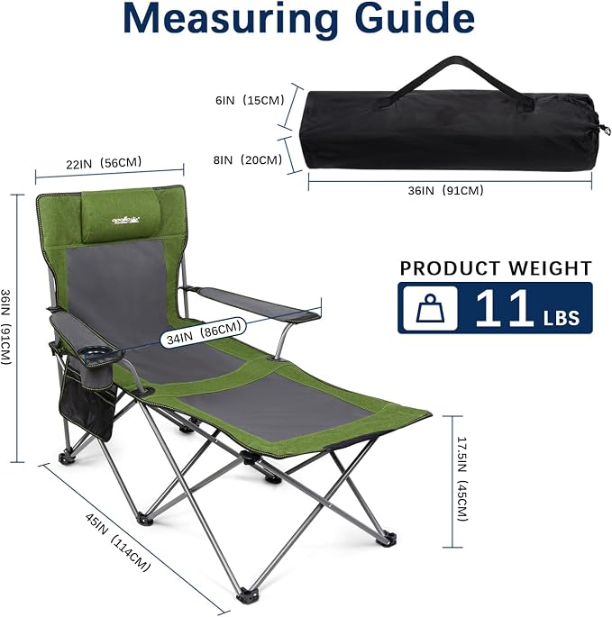 apollo walker Reclining Beach Chair, Adjustable 90-135° Backrest Camping Lounge Chairs for Adults, Folding Chair with Foot Rest & Detachable Pillow - Standard 6-Leg, Green