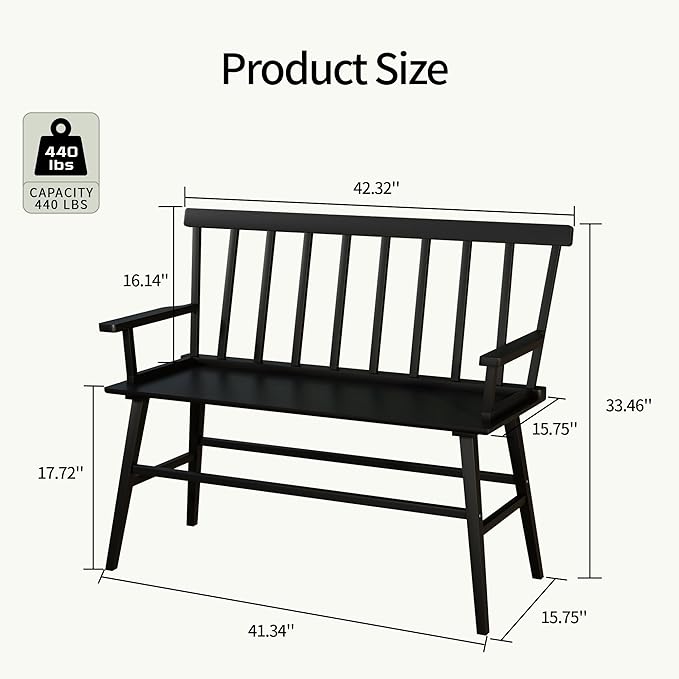 Bamboo Dining Bench, Entryway Bench with Spindle Back Farmhouse Wood Windsor for Foyer Balcony Living Room (Black)