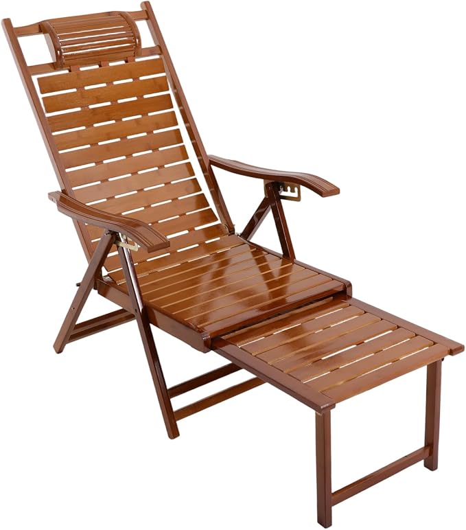 Bamboo Folding Lounge Chair with Footrest & 5-Position Adjustable Backrest, 440lbs Capacity Indoor Outdoor Recliner for Patio, Garden, Balcony, Camping