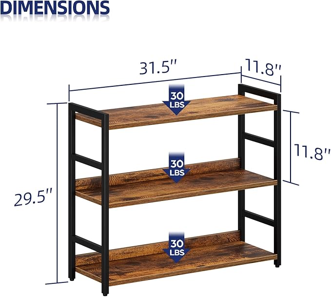 NUMENN Wide Bookshelf, 3 Tier Bookshelves, Home Office Bookcase Shelf Storage Organizer, Free Standing Storage Shelving Unit for Bedroom, Living Room and Home Office, Vintage