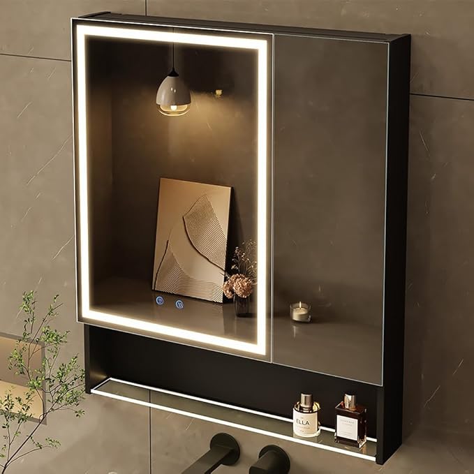 30"×34" Lighted Medicine Mirror Cabinet with Storage Adjustable Brightness 3 Color Temperature Lighting Anti-Fog Sturdy Aluminum Medicine Cabinet with Lights 2 Socket & 2 USB Ports & Adjustable Shelf