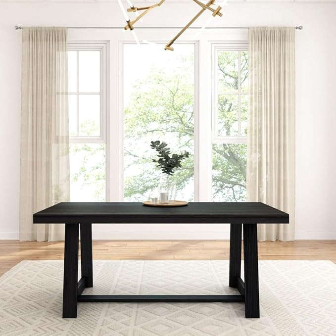 Plank+Beam 72 Inch Farmhouse Dining Table, Solid Wood Rustic Kitchen Table, Large Wooden Rectangular Dinner Table for Dining Room, Home Office, Living Room Furniture, Easy Assembly, Black Wirebrush