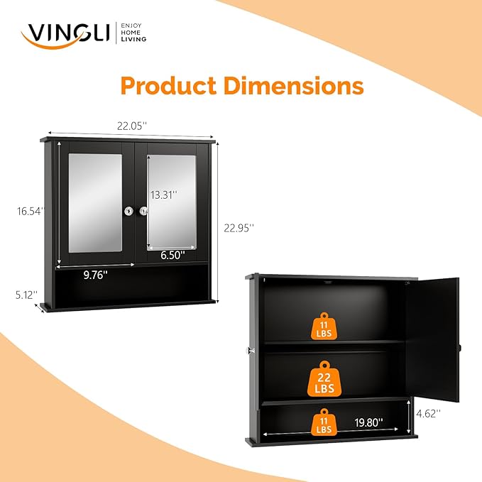 VINGLI Black Medicine Cabinet with Mirror, Wall Mounted Bathroom Cabinet with Open Shelf, 2-Door Hanging Storage Organizer Over Toilet, Adjustable Shelves for Vanity, Living Room, 22x23 Inch