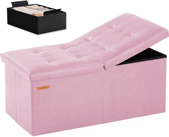 HAUSFRAU 31.5 Inches Ottoman with Storage Bench, Folding Ottoman Bench Small Foot Rest Stool, Bedroom Bench with Flipping Lid, Faux Leather Pink