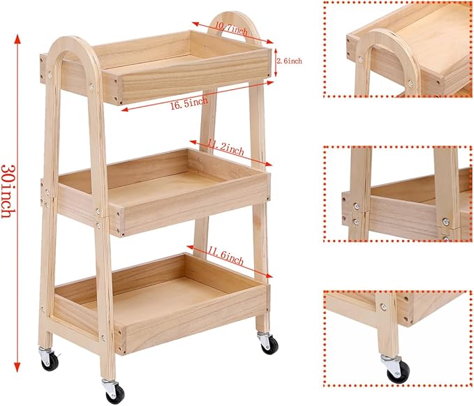 3-Tier Wooden Rolling Cart- Wooden Utility Cart wit Wheels- Utility Rolling Cart-Storage Trolley Organizer- Rolling Kitchen Cart Serving Cart for Office,Kitchen, Kids' Room (natural wood color)