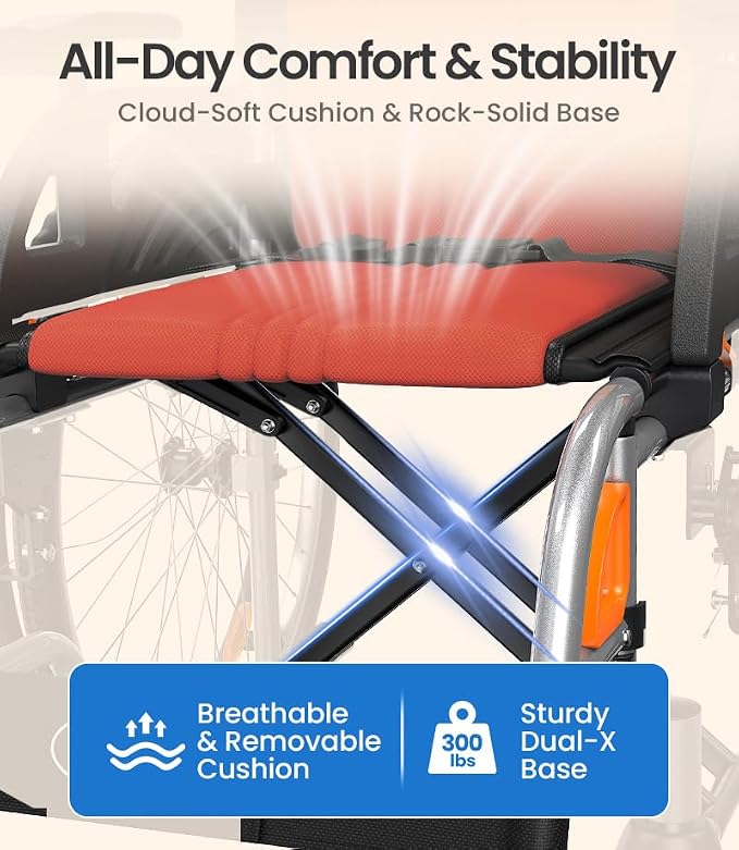VOCIC Ultra Lightweight Wheelchair for Adults, 23lb Frame Portable Foldable Self-Propelled Wheelchairs for Seniors with Quick Release Wheels, Swing-Away Footrests,Flip-Back Arm, 300 lbs Red