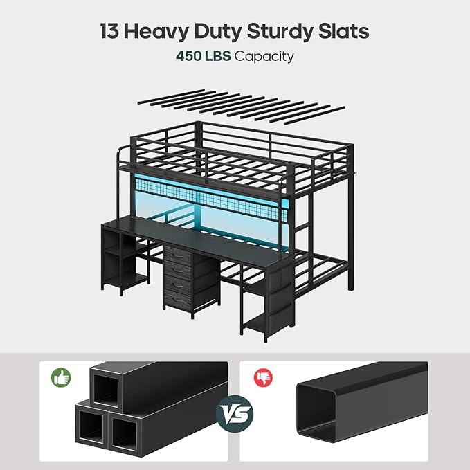 ADORNEVE Bunk Bed Twin Over Twin with 2 Person Desk, LED Lights Twin Bunk Bed with 4 Drawers,Storage Rack, 4 Shelves and Power Outles,Metal Twin Bunk Beds with Guardrail for Kids/Teens Bedroom, Black