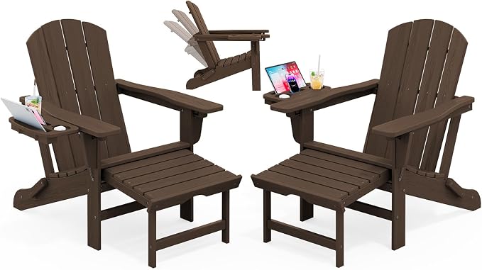 KINGYES Adjustable Folding Adirondack Chair with Footrest & 4-in-1 Multi-Functional Holder Set of 2, HDPE Reclining Adirondack Chair with Pull-Out Ottoman, Coffee
