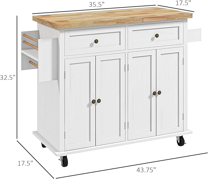HOMCOM Kitchen Island Cart with Solid Wood Top, 44" Mobile Kitchen Island Table on Wheels with Storage Cabinets, 2 Drawers, Adjustable Shelves, Spice Rack & Towel Bar for Dining Room, Distressed White