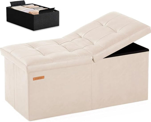 HAUSFRAU 31.5 Inches Ottoman with Storage Bench, Folding Ottoman Bench Small Foot Rest Stool, Bedroom Bench with Flipping Lid, Faux Leather Ivory