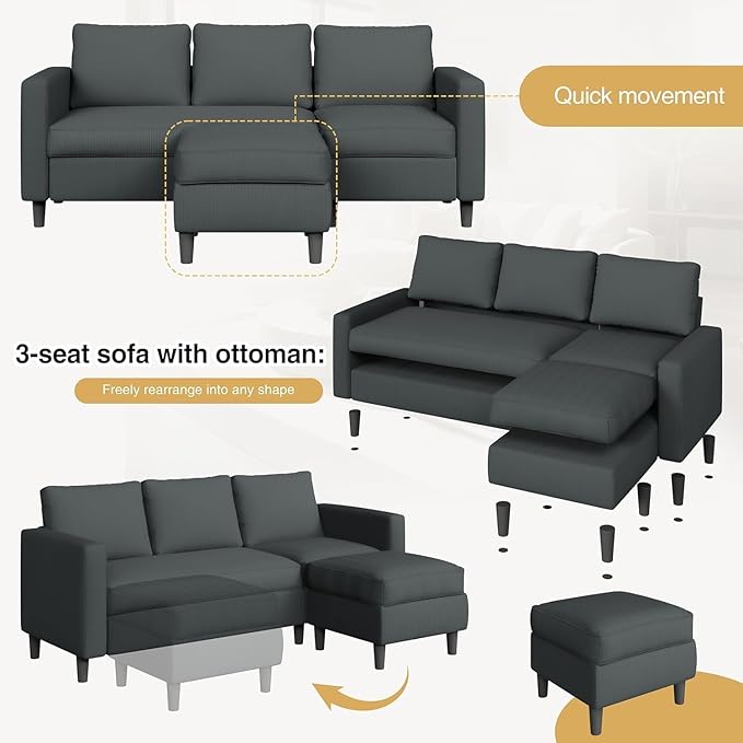 JAMFLY Couches for Living Room, 3-Seat Reversible Sectional Sofa with Convertible Ottoman, Modern Ribbed Fabric L-Shaped Couch for Small Apartment, Studio & Office, Easy Assembly, Grey