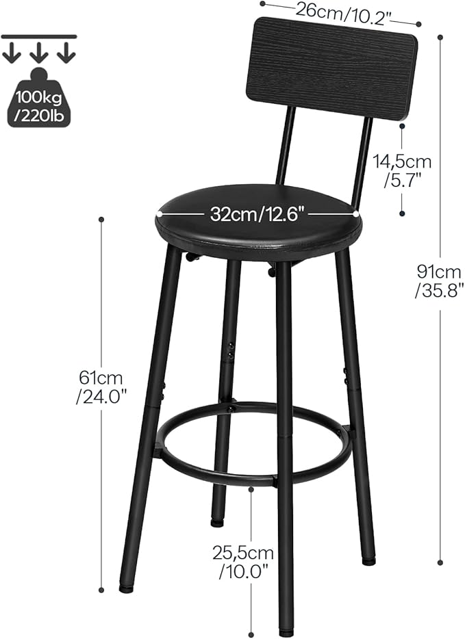 HOOBRO Bar Stools, Set of 2 Bar Stools with PU Upholstered, Bar Chairs with Footrest and Back, 26" Bar Stools for Kitchen Island, Dining Room, Easy to Assemble, Black BK31BY01G2