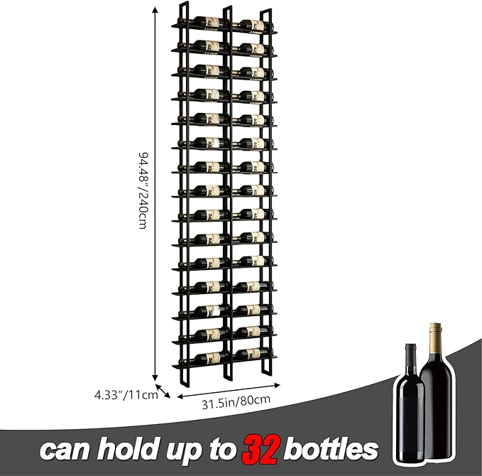 Large Wall Mount Wine Rack, 16 Tier 32 Bottle Wine Storage Organizer Display Holder, Metal Liquor Display for Wine Cellars, Home Bars, Kitchens, and Dining Rooms (Black, 32 Bottles)