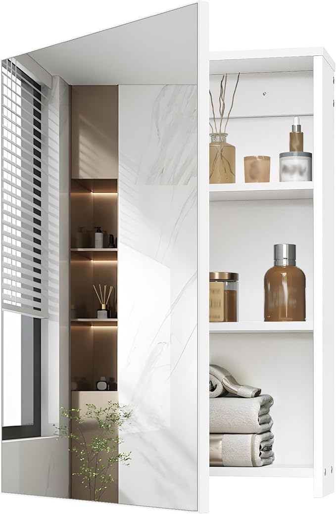 CHOEZON Bathroom Medicine Mirror Cabinet, Wall-Mounted Bathroom Vanity with Mirror, Bathroom Medicine Cabinet with Storage Function, Hanging Storage Cabinet, Adjustable Shelves, White