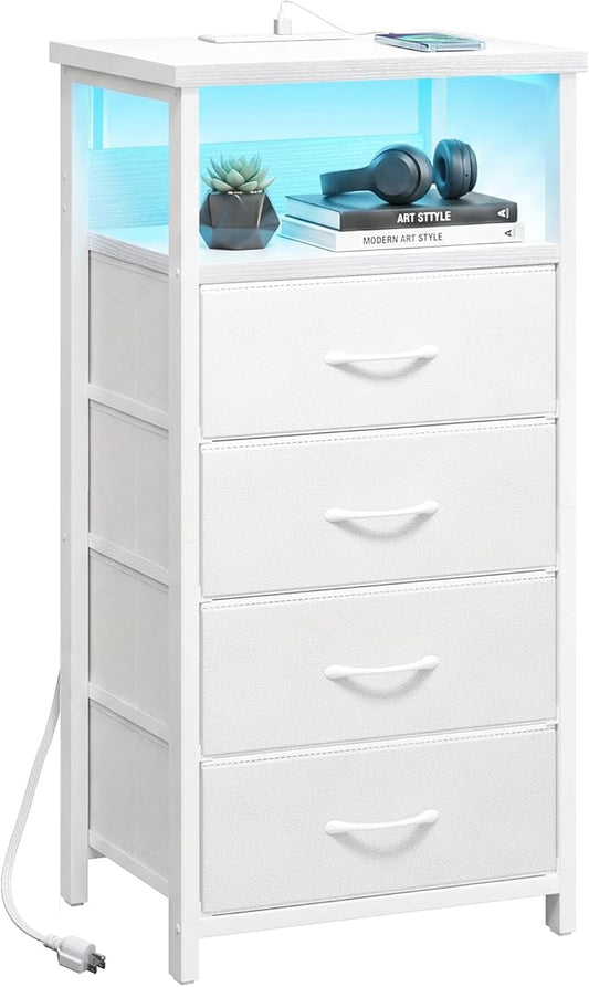 Fixwal Tall Nightstand with Charging Station, Night Stand with U-S-B Ports and Outlets, 4 Fabric Storage Drawers with PU Finish, Small Dresser Bed Side Table, White