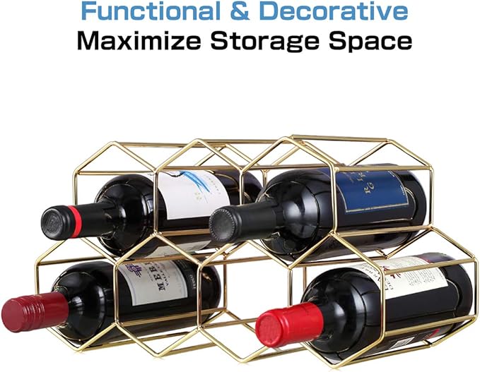 Buruis 9-Bottle Countertop Wine Rack, Honeycomb Metal Wine Holder for Red & White Wines, Standing Bottle Organizer for Home, Kitchen, or Bar, Gold