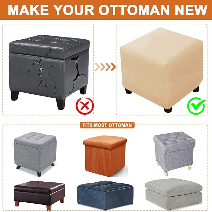Waterproof Ottoman Cover Square Stretch PU Soft Folding Storage Ottoman Cover with Elastic Bottom Cube Footrest Foot Stool Slipcovers Machine Washable(Medium/Beige)
