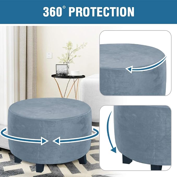 H.VERSAILTEX Round Ottoman Slipcover Ottoman Covers Slipcover Footstool Protector Covers Storage Stool Ottoman Covers Stretch with Elastic Bottom, Real Velvet Plush Fabric (X-Large, Stone Blue)