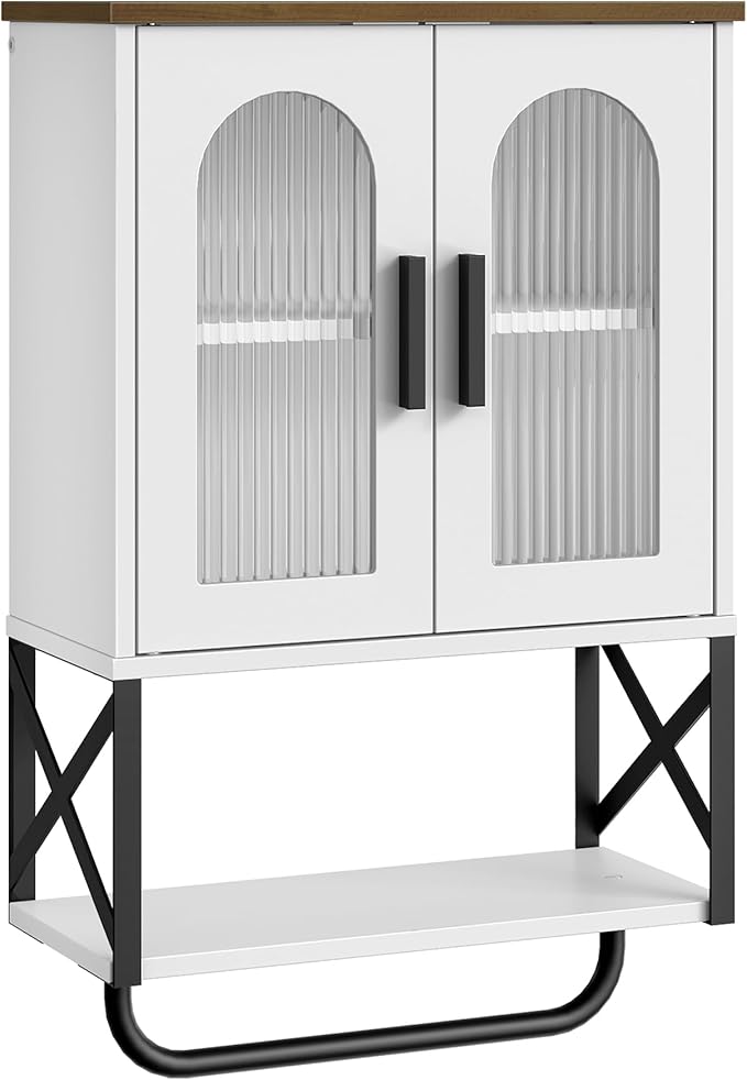 CHOEZON Bathroom Wall Cabinet, Medicine Cabinet with Adjustable Shelf and Towel Bar, Storage Cabinet Wall Mount with 2 Glass Doors, for Bathroom, Kitchen, Living Room, Dining Room, White and Walnut