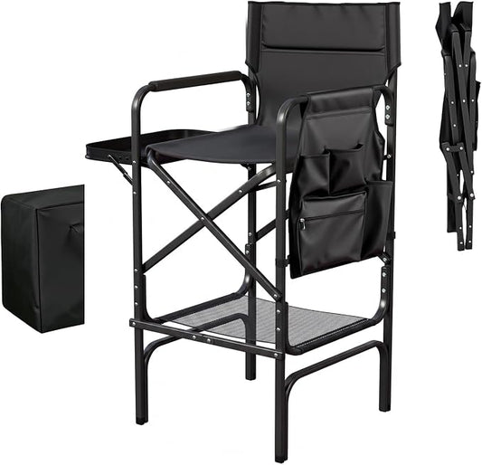 VINGLI 31" Tall Director's Chair for Makeup Artist, Aluminum Portable Makeup Chair with Retractable Side Table & Footrest,Supports 300 lbs, Foldable Makeup Chair for Studio, Black & Black
