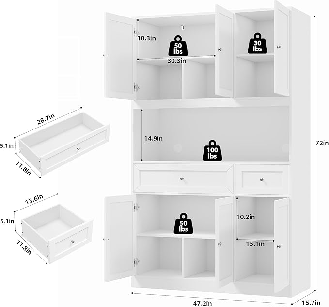 BOTLOG 72" Kitchen Pantry Cabinet, Kitchen Hutch with Microwave Stand, Buffet Cabinet with Hutch for Dining Room, White