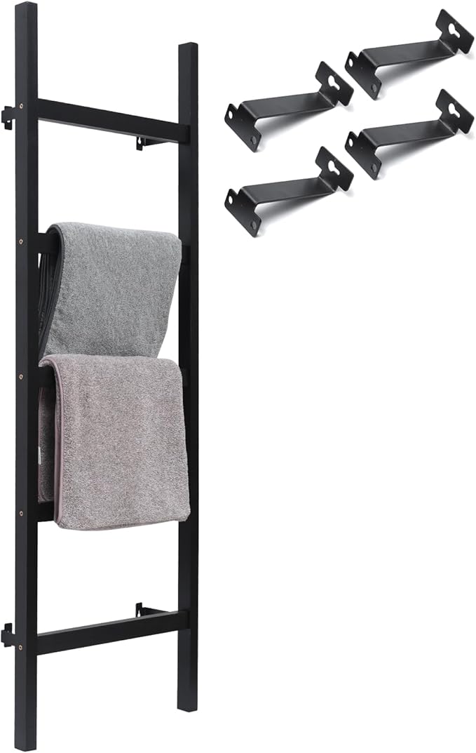 FUIN 57in Wall Mounted Wooden Blanket Ladder Living Room Decorative Farmhouse Quilt Display Holder Rustic Wood Towel Rack for Bathroom, Black