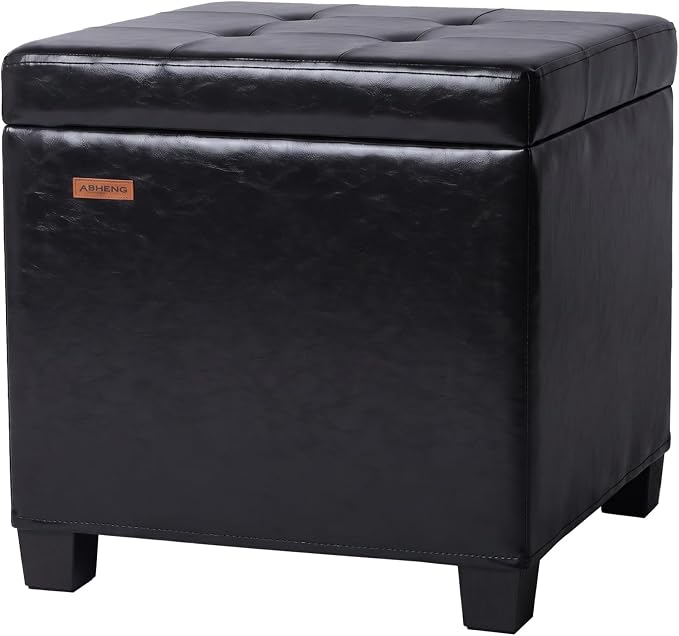ABHENG Synthetic Leather Cover Steel Frame Ottoman with 48L Storage,17.7" x 17.7" x 17.7" Square Storage Ottoman Stool Cube with Legs,for Dorm Livingroom Black UASND63B