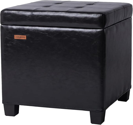 ABHENG Synthetic Leather Cover Steel Frame Ottoman with 48L Storage,17.7" x 17.7" x 17.7" Square Storage Ottoman Stool Cube with Legs,for Dorm Livingroom Black UASND63B