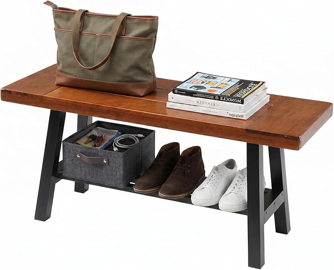 VINGLI 40in Storage Bench, Solid Wood Seat with Metal Storage Shelf, Weather Resistant High Capacity Indoor Outdoor Dining Benches, Sturdy Shoe Rack Bench for Entryway Mudroom Porch