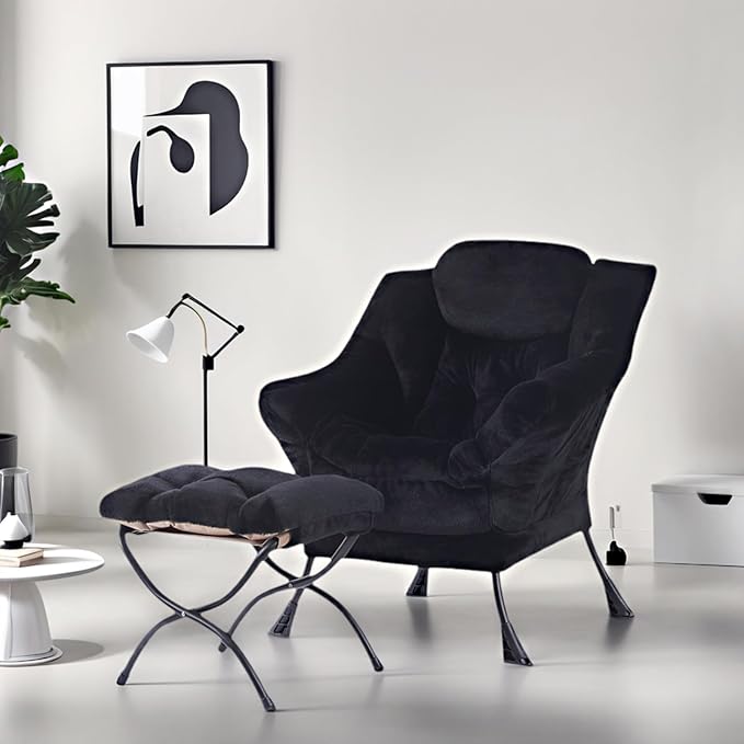Tiita Lazy Chair with Ottoman, Black Modern Large Accent Chair, Comfy Leisure Sofa Armchair with Ottoman, Reading Chair with Footrest for Bedroom, Living Room, Dorm Rooms, Plush Black
