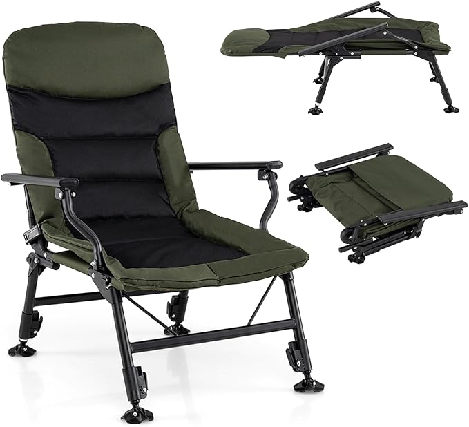 GYMAX Foldable Fishing Chair, Heavy Duty All-Terrain Camping Chair, 180° Adjustable Padded High-Back, Portable Recliner for Outdoor Patio Beach (No Footrest)