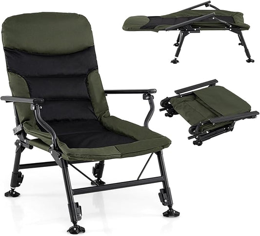 GYMAX Foldable Fishing Chair, Heavy Duty All-Terrain Camping Chair, 180° Adjustable Padded High-Back, Portable Recliner for Outdoor Patio Beach (No Footrest)