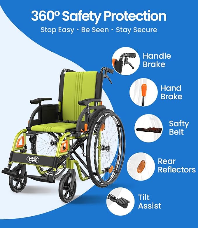 VOCIC Ultra Lightweight Wheelchair for Adults, 23lb Frame Portable Foldable Self-Propelled Wheelchairs for Seniors with Quick Release Wheels, Swing-Away Footrests,Flip-Back Arm, 300 lbs Green