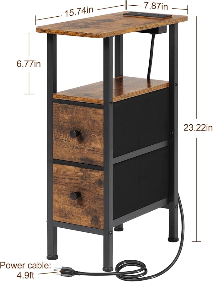 LOAKEKEL Narrow Nightstand with Charging Station, End Tables Living Room Set of 2, Skinny Side Table with Fabric Drawers, Small Sofa Table with LED Light for Bedroom, Brown, HETNDP02LBR