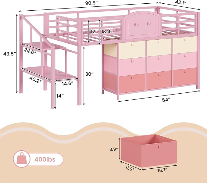 VIAGDO Low Loft Bed Twin Size with 9 Storage Drawers and LED Lights, Metal Twin Loft Bed with Stairway Shelf Storage, Low Loft Bed with Safety Guardrail and Under-Bed Hideaway for Kids, Pink