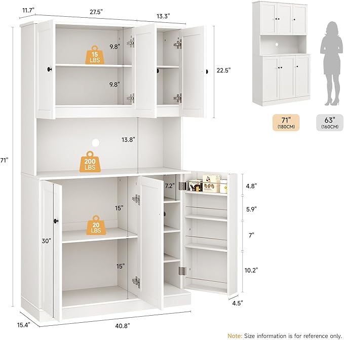 ONBRILL 71" Tall Kitchen Pantry Storage Cabinet with Microwave Stand & Door Shelf, Freestanding Kitchen Hutch with 6 Doors and Adjustable Shelves, Modern Food Pantry for Dining Room, White