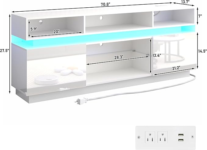 chartustriable LED TV Stand for 80 Inch TV, Modern Tall Entertainment Center with Power Outlets, High Gloss TV Stand, Gaming TV Media Console with Glass Shelf for Living Room, 71 Inch, White