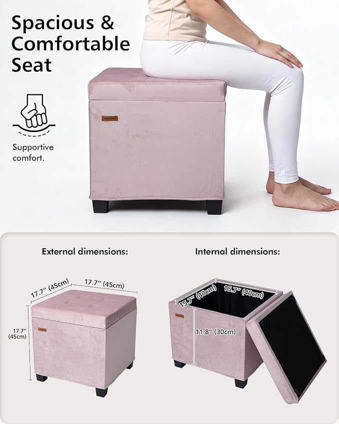 ABHENG 17.7 inches Velvet turfed Ottomans Cube with Legs, Metal-Framed Square Storage Ottoman Foot Rest Stool Holds 770 LB for Dorm Living Room Bedroom Pink UASND64P